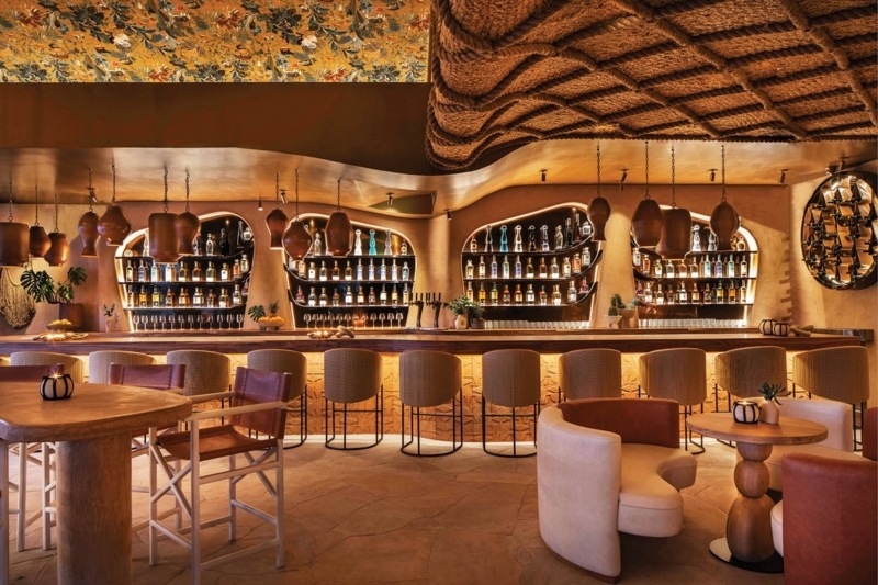 Organic Restaurant Bar Interior: Rope Ceiling Detail & Curved Shelving