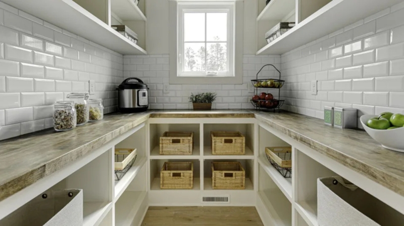 Organized Walk-In Pantry with Subway Tile Walls and Woven Baskets
