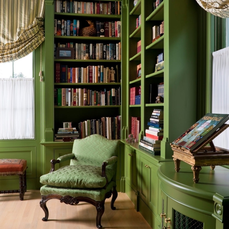 Ornate Carved Accent Chair in Monochromatic Green Library Design