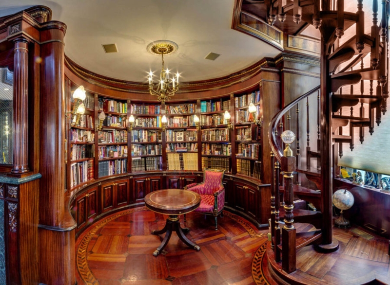 Ornate Dark Wood Home Office: Spiral Staircase and Inlay Wood Flooring