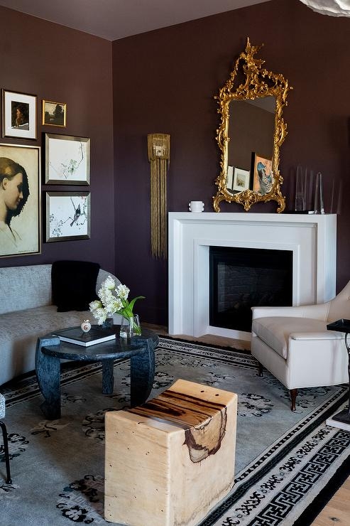 Ornate Gold Mirror Fireplace Decor in Moody Aubergine Living Room