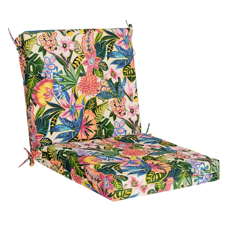 Outdoor Chair Cushion Hinged Tropical Floral Pattern Ties Vibrant