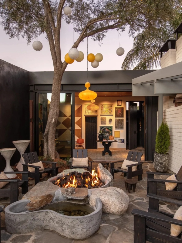 Outdoor Courtyard Patio with Stone Fire Pit and Water Feature Combo
