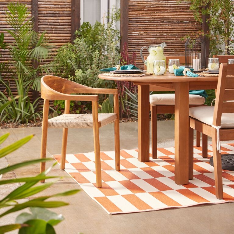 Outdoor Dining Chair: Wood Frame Woven Seat Texture Curved Back Organic Modern