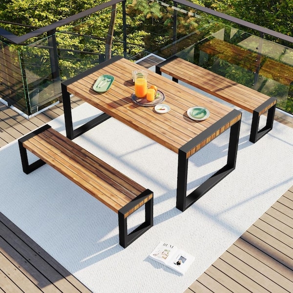Outdoor Dining Set: 3-Piece Slatted Wood Top Matte Black Frame Bench Seating