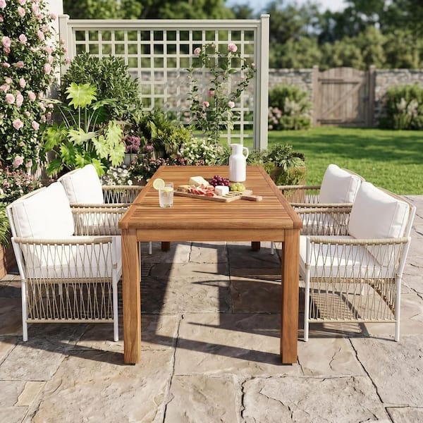 Outdoor Dining Set: 5-Piece Acacia Table Rope Woven Chairs Beige Cushions