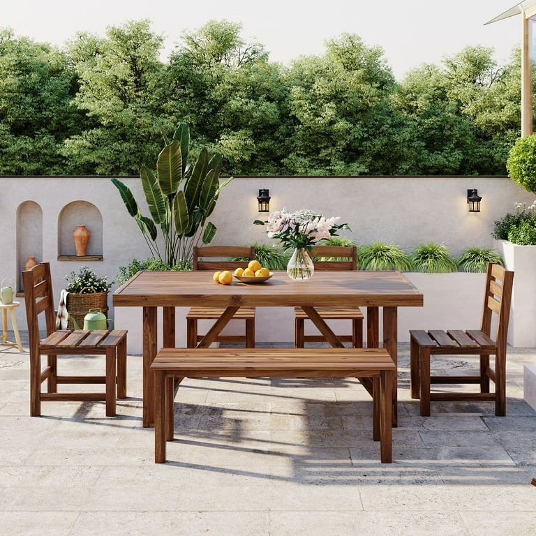 Outdoor Dining Set: 6-Piece Wood Integrated Bench Seating Slatted Design