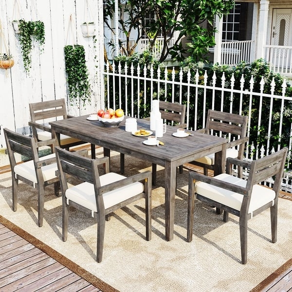 Outdoor Dining Set: 7-Piece Grey Washed Finish Slatted Back Chairs Cream Cushions