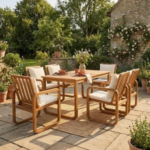Outdoor Dining Set: 7-Piece Sled Base Chairs Honey-Brown Wood Cream Cushions