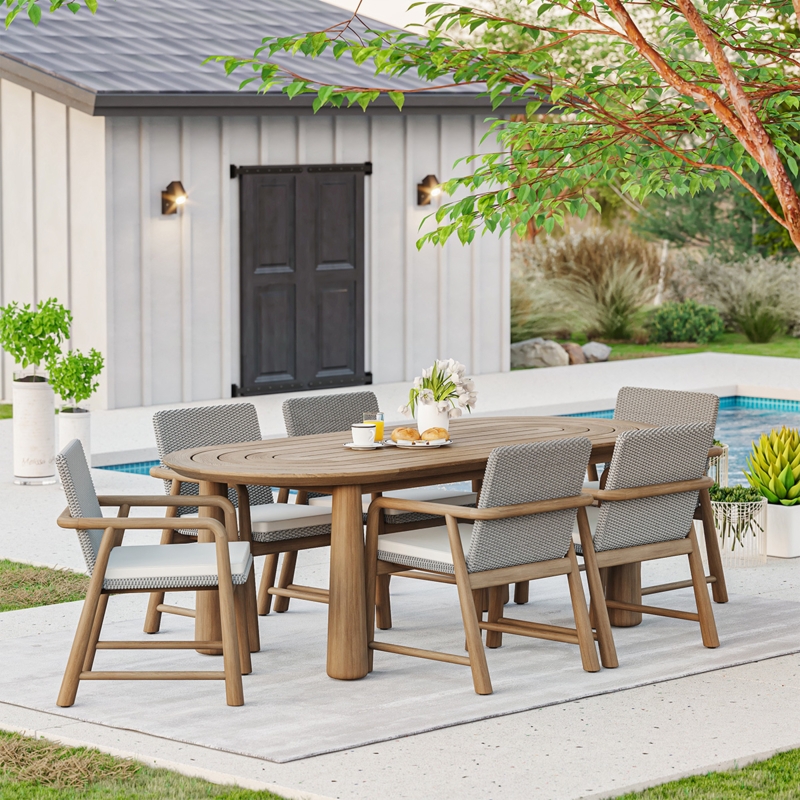 Outdoor Dining Set: Oval Teak Table Woven Rattan Armchairs Thick Pedestal Legs
