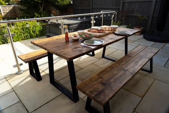 Outdoor Dining Set: Planked Reclaimed Look Bench Seating U-Shaped Metal Legs