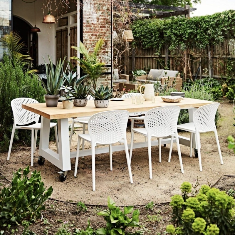 Outdoor Dining Set With Caster Wheels Table & Perforated Chairs