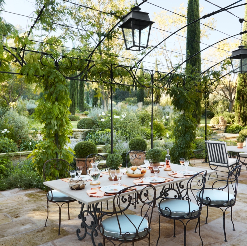Outdoor Dining Set With Stone Topped Table & Wrought Iron Base
