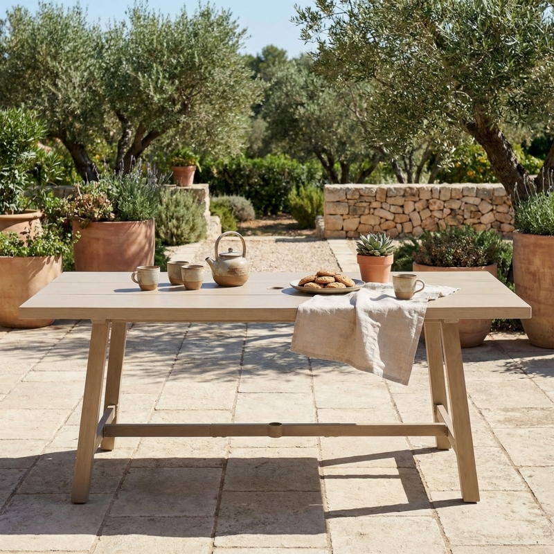 Outdoor Dining Table: Rectangular Top Umbrella Hole Crossbar Brace Beige Finish
