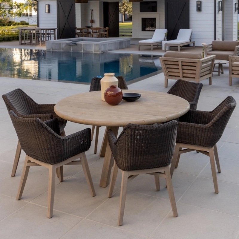 Outdoor Dining Table: Round Weathered Teak Pedestal Base Woven Bucket Chairs
