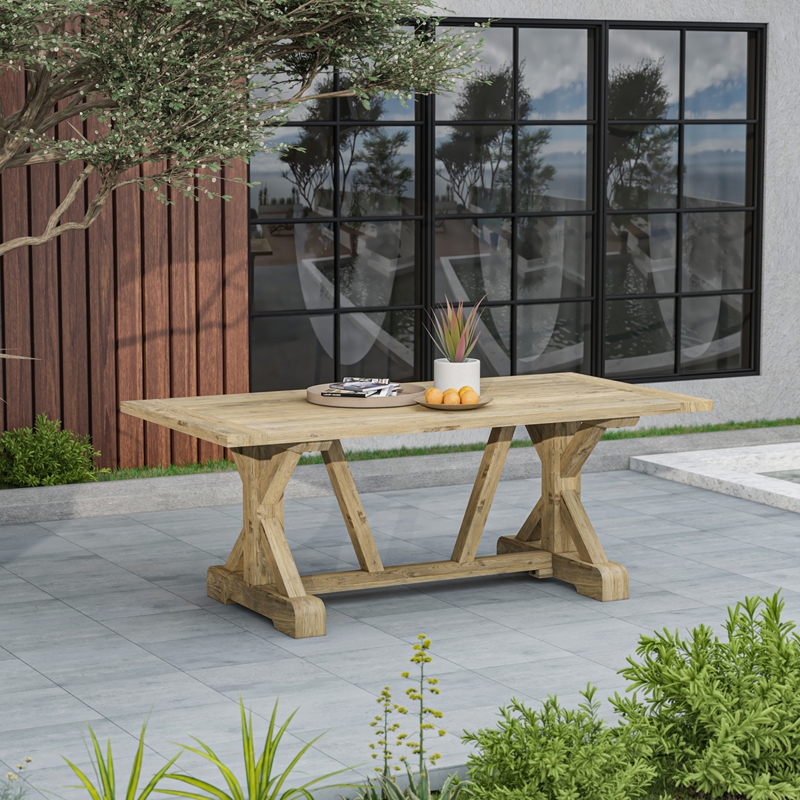 Outdoor Dining Table: Rustic Farmhouse Weathered Wood X-Frame Trestle Base