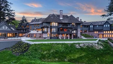 Outdoor Estate: Dark Charcoal Exterior, Stone Foundation, Gabled Roofs