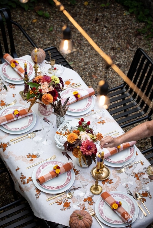 Outdoor Fall Table Setting Pattern Mixing Overhead Edison Bulbs