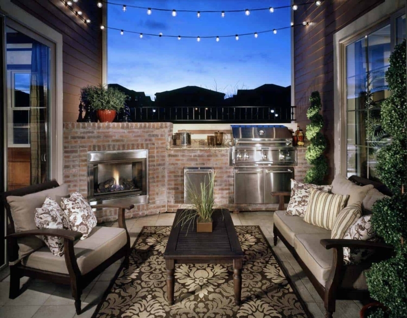 Outdoor Kitchen and Lounge with Built-in Brick Fireplace and Grill