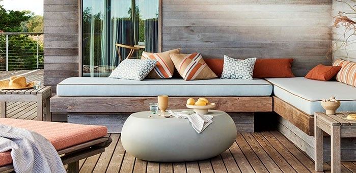 Outdoor Lounge Built In Wooden Seating Stone Like Oval Table
