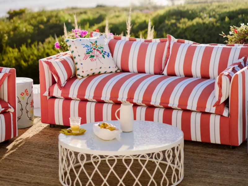 Outdoor Sofa Bold Red Stripes Lattice Wire Base Coastal Eclectic