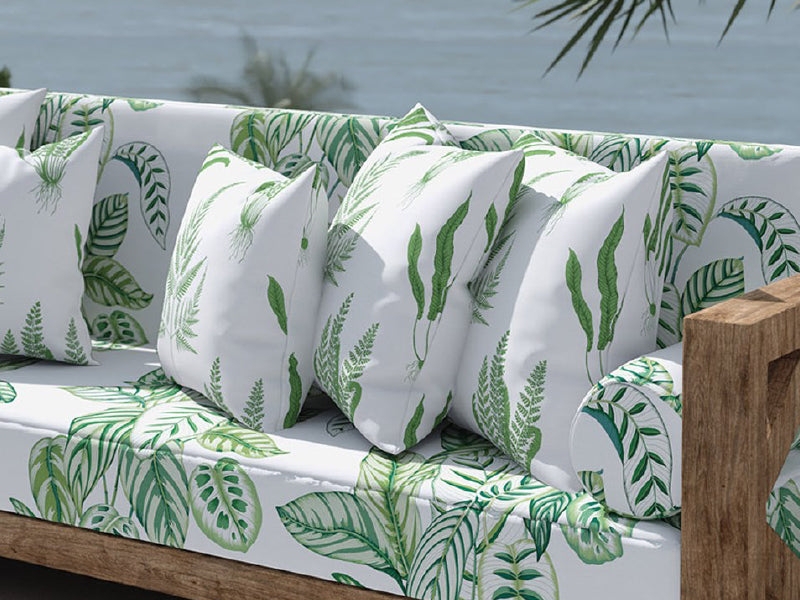 Outdoor Sofa Botanical Leaf Print Wooden Frame White Green