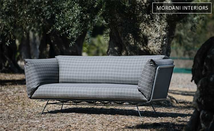 Outdoor Sofa Checked Pattern Metal Rod Base Flared Arms Modern