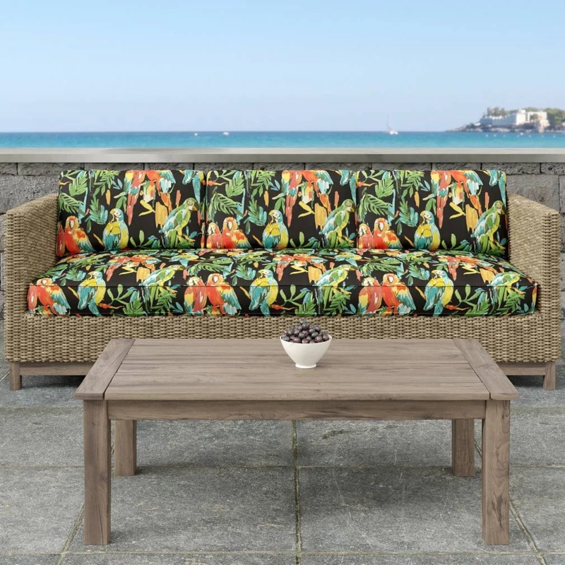Outdoor Sofa Parrot Print Cushions Woven Rattan Base Tropical Patio