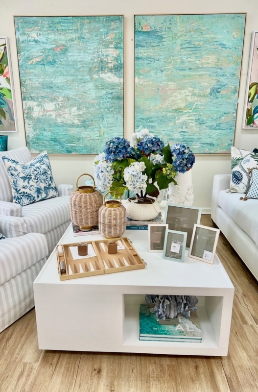 Oversized Teal Abstract Art in Coastal Living Room Layout