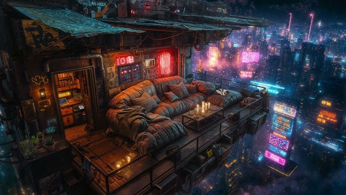 Oversized Tufted Sectional on a Cyberpunk Balcony
