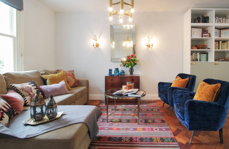 Pair of Navy Blue Velvet Accent Chairs in Eclectic Living Room