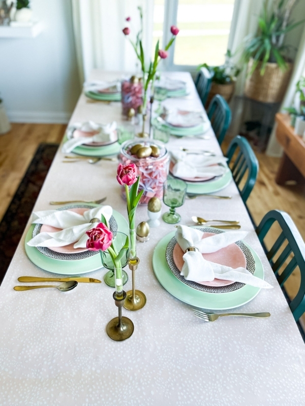 Pastel Easter Tablescape Gold Flatware Tulip Floral Accents