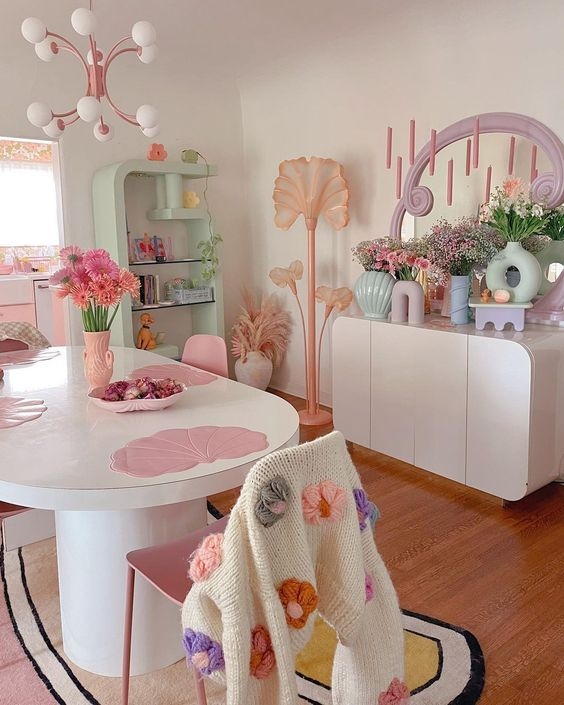 Pastel Maximalism Dining Room with Scalloped Mirror Wall Decor