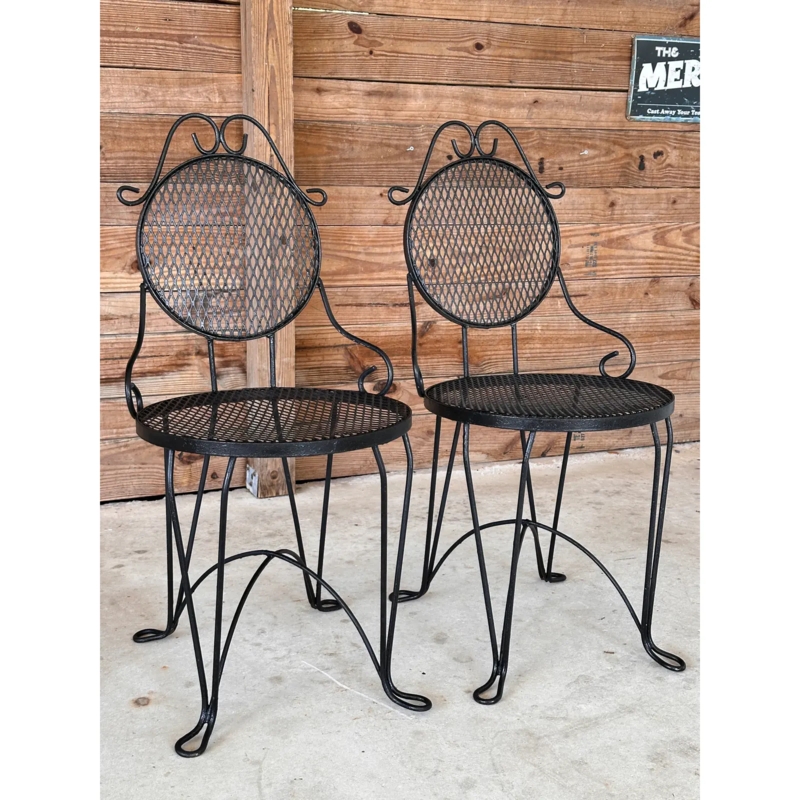 Patio Chairs Mid Century Black Metal with Diamond Mesh Back