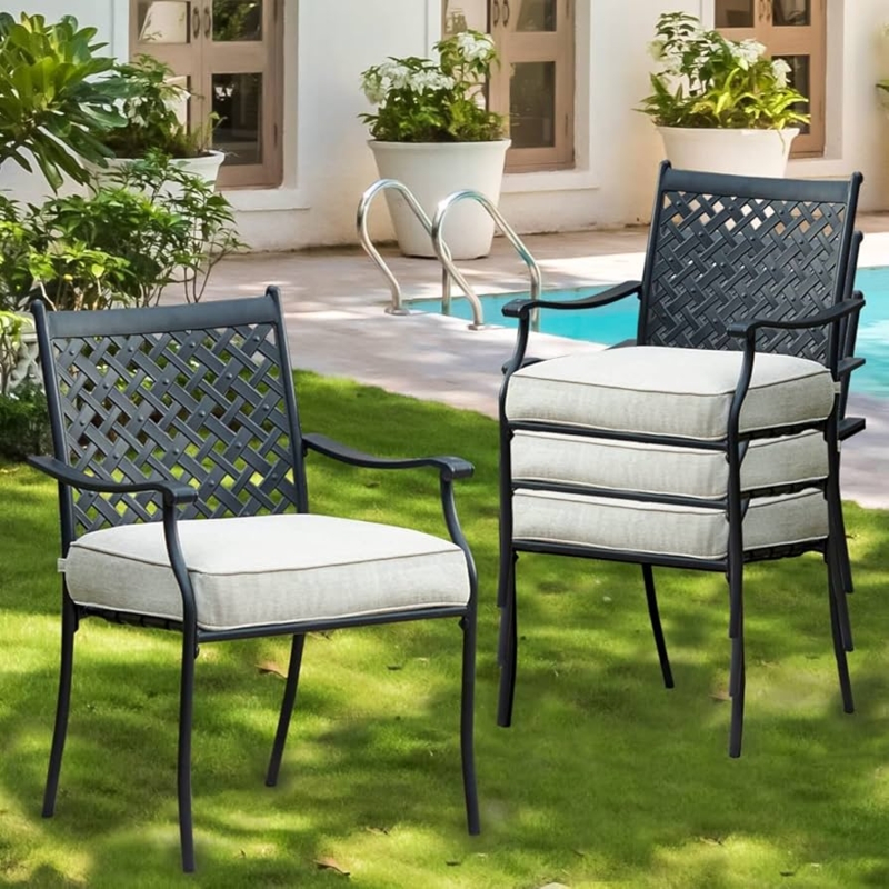 Patio Dining Chairs Stackable Metal with White Seat Cushions