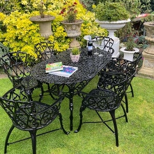 Patio Dining Set Black Metal with Oval Filigree Tabletop