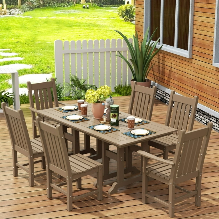 Patio Dining Set: Tan Poly Lumber Trestle Table Adirondack Dining Chairs 6-Person