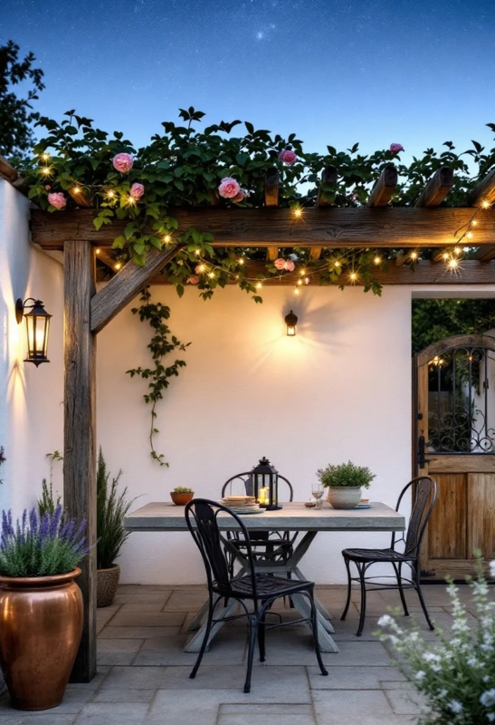 Patio Dining Set Under Rose Covered Pergola With String Lights