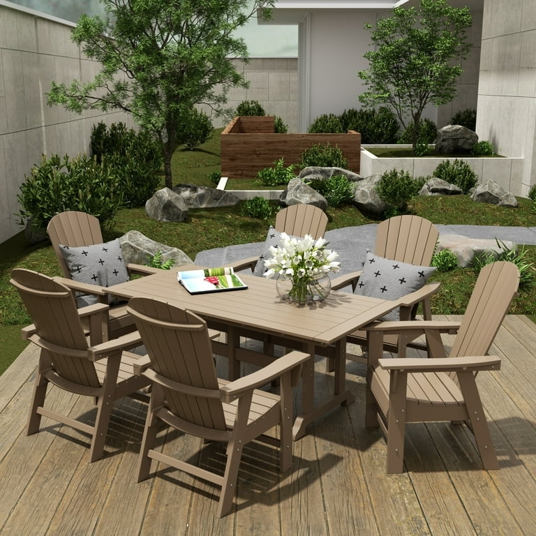 Patio Dining Set: Weathered Wood Finish Trestle Table Adirondack Style Chairs