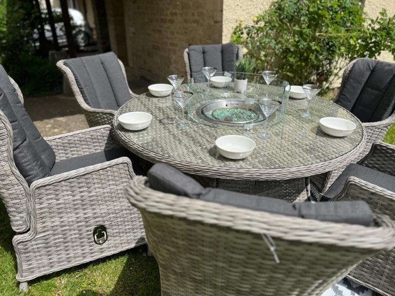 Patio Dining Set with Round Fire Pit Table and Grey Wicker
