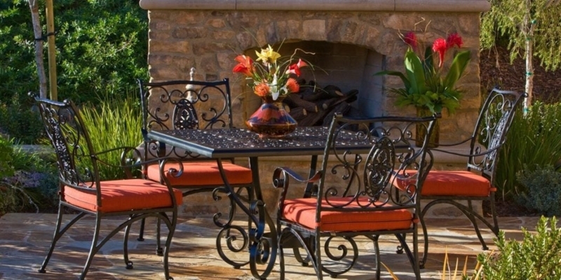 Patio Dining Set Wrought Iron Scrollwork with Terracotta Cushions