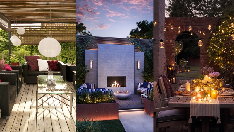 Patio Ideas Collage: Multi Concept Designs with Layered Lighting