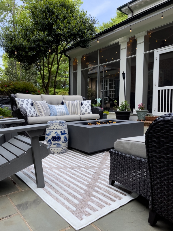 Patio Seating Area with Rectangular Fire Pit and Ceramic Garden Stool