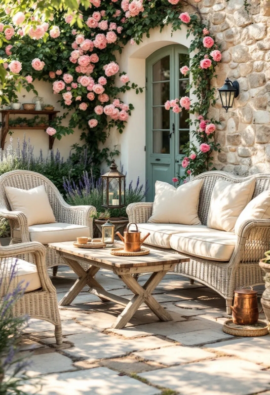 Patio Seating With Woven Wicker Seating & Climbing Roses
