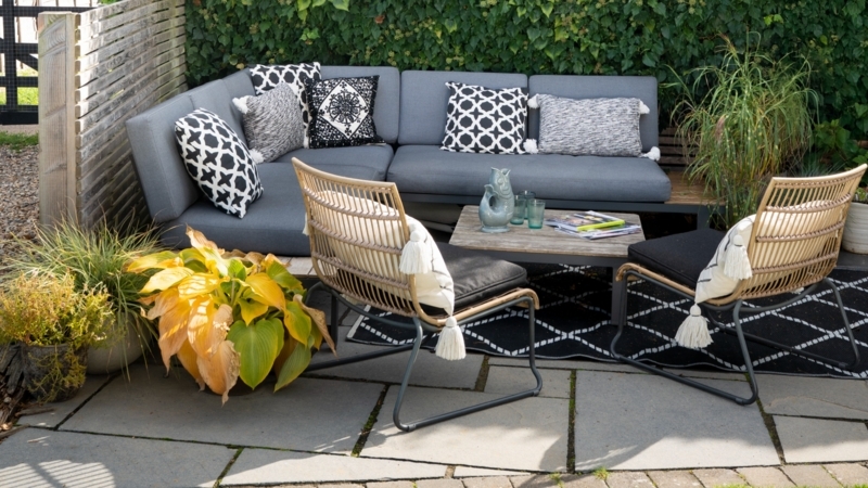 Patio Sectional Set with Rattan Sled Chairs and Tassel Pillows for Boho Chic