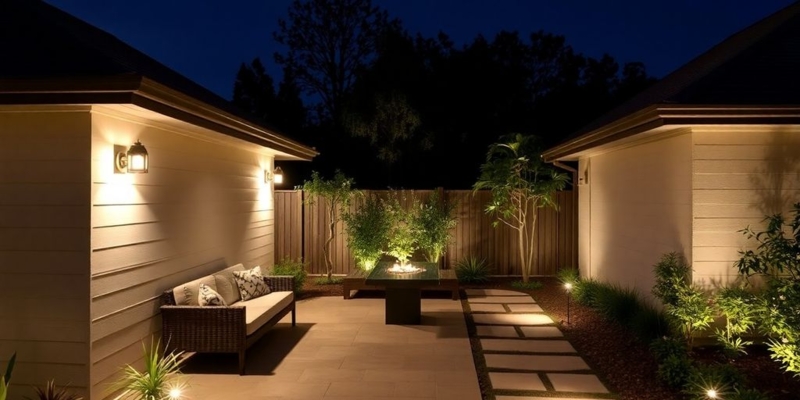Patio with Integrated Fire Table, Stepping Stone Path, & Layered Lighting