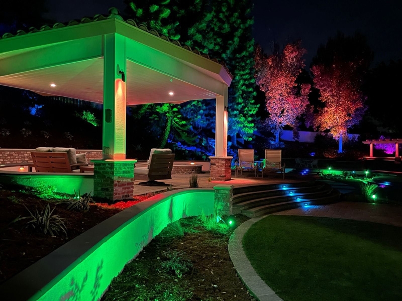 Pavilion with Multi Color Landscape Lighting Design and Brick Step Lights