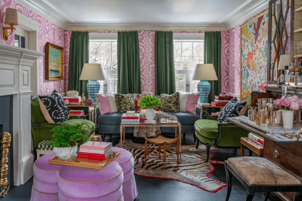 Pink Ikat Wallpaper Living Room with Zebra Hide Rug