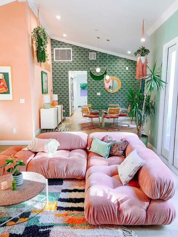Pink Modular Sectional Sofa Layout with Green Botanical Leaf Wallpaper