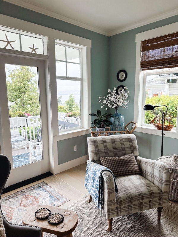 Plaid Accent Chair in Coastal Cottage Corner with Seafoam Walls